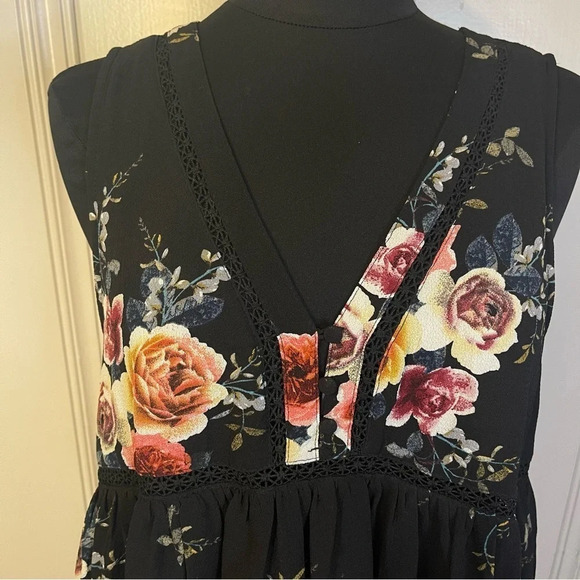 Umgee Floral Tunic High Waist Dress Sleeveless V Neck Black Size‎ M - Picture 10 of 10